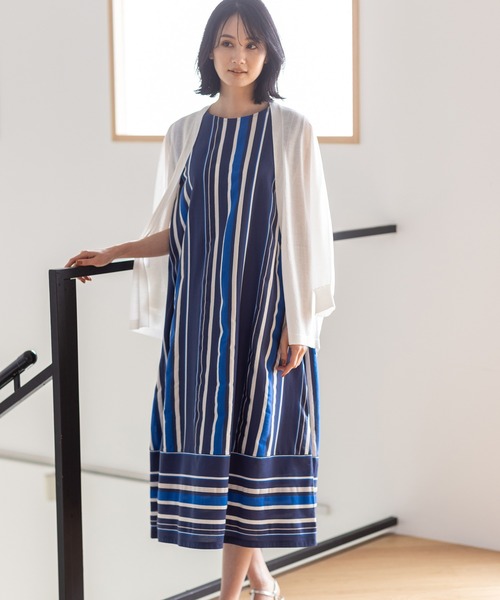 ワンピース 大人可愛い ブルー ストライプ カジュアル サニークラウズ 春霞ストライプワンピース〈レディース〉｜Sunny