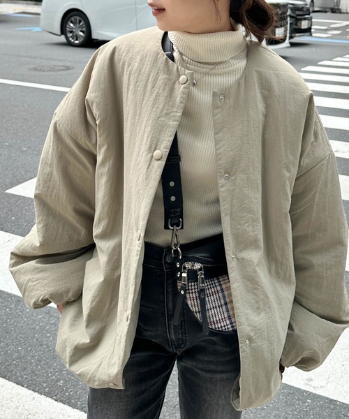 セール】ノーカラーオーバーサイズ中綿ブルゾン（ダウンジャケット