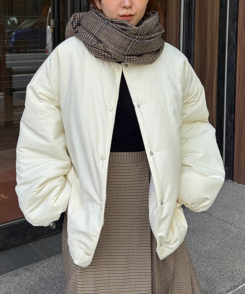 セール】ノーカラーオーバーサイズ中綿ブルゾン（ダウンジャケット