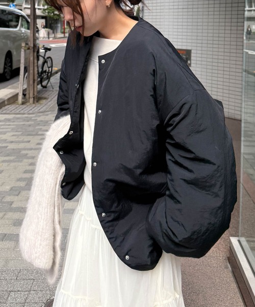 セール】ノーカラーオーバーサイズ中綿ブルゾン（ダウンジャケット