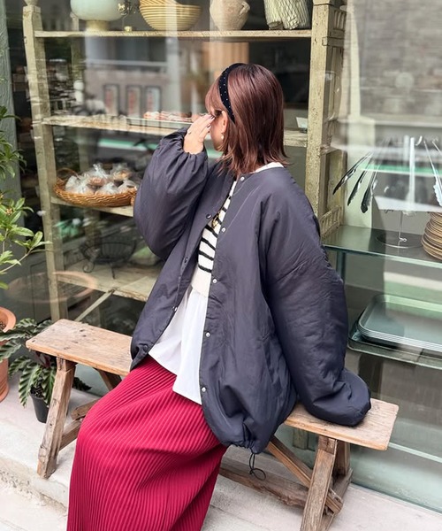 セール】ノーカラーオーバーサイズ中綿ブルゾン（ダウンジャケット