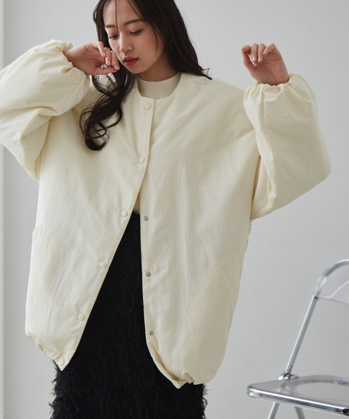 セール】ノーカラーオーバーサイズ中綿ブルゾン（ダウンジャケット