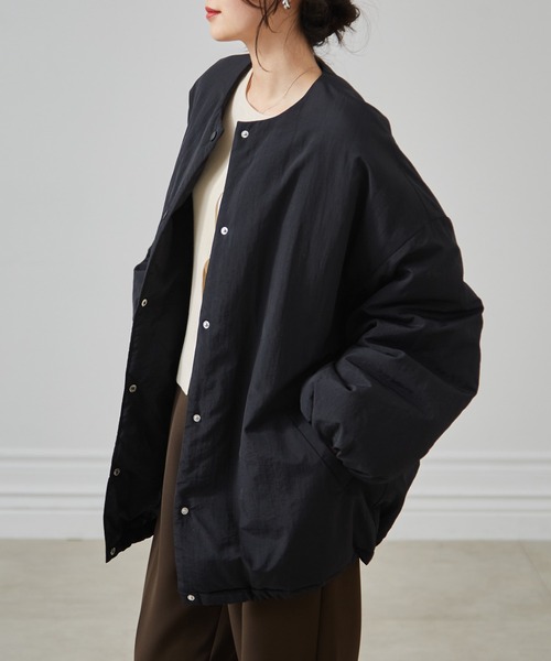 セール】ノーカラーオーバーサイズ中綿ブルゾン（ダウンジャケット