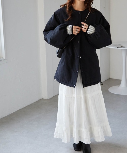 セール】ノーカラーオーバーサイズ中綿ブルゾン（ダウンジャケット