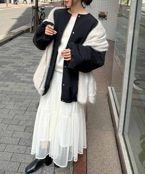 セール】ノーカラーオーバーサイズ中綿ブルゾン（ダウンジャケット