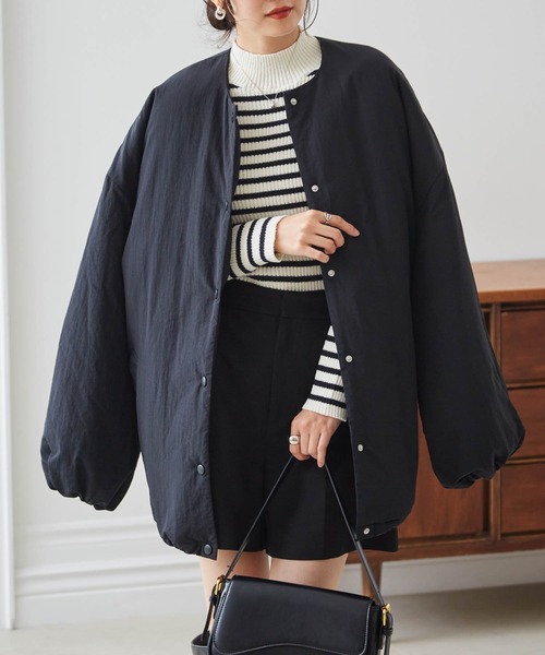 セール】ノーカラーオーバーサイズ中綿ブルゾン（ダウンジャケット