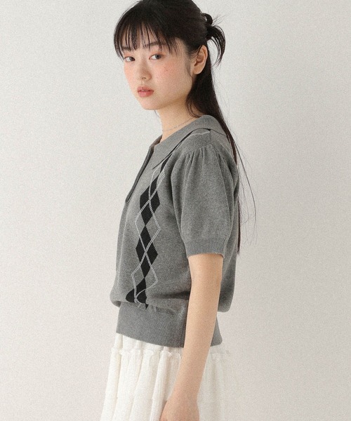 Heather(ヘザー)の「アーガイルニット(半袖) 577054(ニット/セーター・レディース・オフホワイト/グレー/ネイビー・FREE)」の4枚目の写真