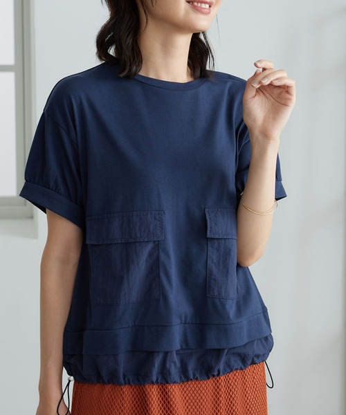BELLUNA PLUS（ベルーナ）の「ビッグポケット付異素材切替プルオーバー（Tシャツ/カットソー・レディース・ネイビー/オフホワイト/カーキ・X-LARGE/MEDIUM/LARGE）」の3枚目の写真