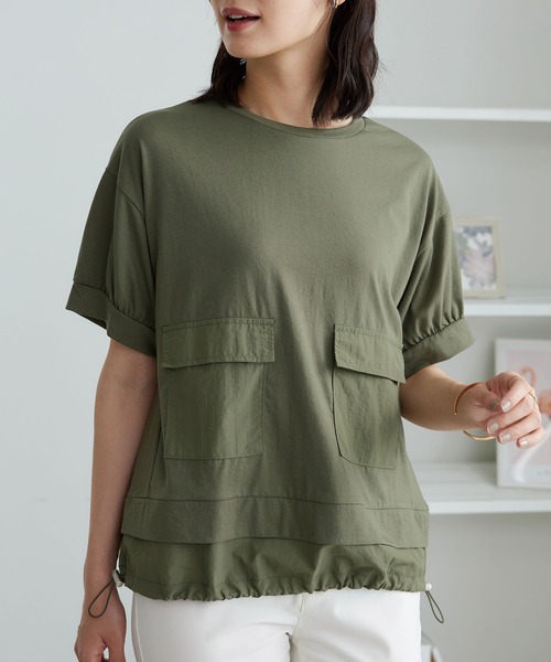 BELLUNA PLUS（ベルーナ）の「ビッグポケット付異素材切替プルオーバー（Tシャツ/カットソー・レディース・ネイビー/オフホワイト/カーキ・X-LARGE/MEDIUM/LARGE）」の2枚目の写真