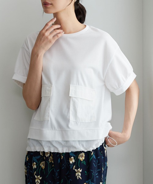 BELLUNA PLUS（ベルーナ）の「ビッグポケット付異素材切替プルオーバー（Tシャツ/カットソー・レディース・ネイビー/オフホワイト/カーキ・X-LARGE/MEDIUM/LARGE）」の4枚目の写真
