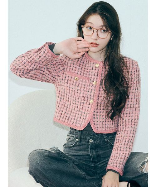 ツイードショートジャケット（ノーカラージャケット）｜LILY