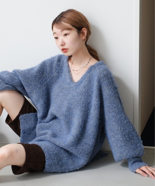 ★TV衣装★　Kastane　メランジVあきニットプルオーバー　青 WEB先行/前後2WAY】メランジVあきニットプルオーバー（ニット