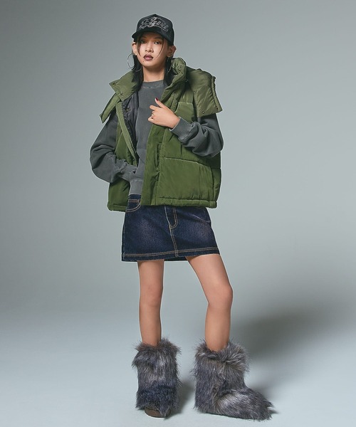 X-girl（エックスガール）の「FADED 2WAY PADDED JACKET（ナイロンジャケット・レディース・ブラック/オリーブ・S/M）」の6枚目の写真
