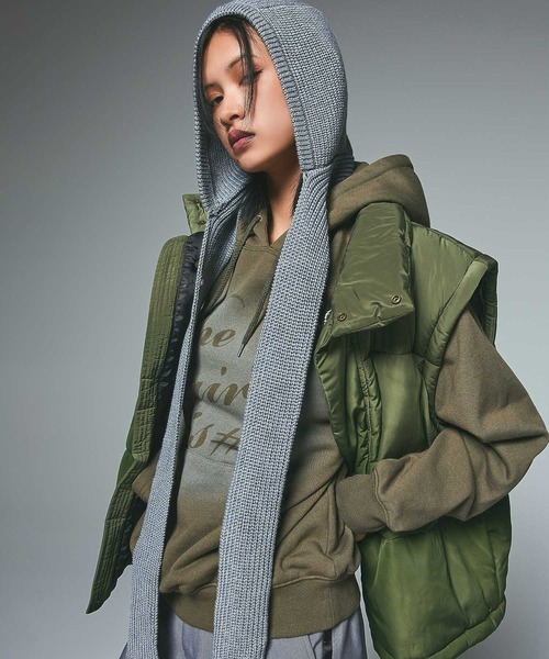 X-girl（エックスガール）の「FADED 2WAY PADDED JACKET（ナイロンジャケット・レディース・ブラック/オリーブ・S/M）」の7枚目の写真