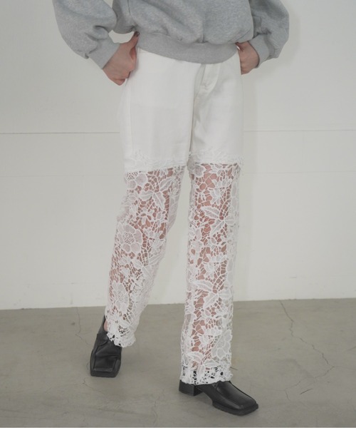 Mirette(ミレット)の「フローラルレースワイドデニム / Floral Lace Wide Denim(デニムパンツ・レディース・ライトブルー/ホワイト/グレー・MEDIUM/SMALL)」の5枚目の写真