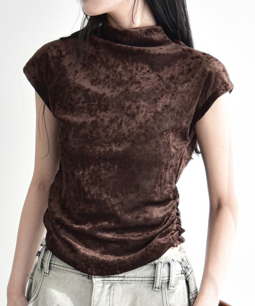 Y/lim(イリム)の「シアーベロアモックネックフレンチTシャツ(Tシャツ/カットソー・レディース・ベージュ/グレー/ブラウン/ブラック・M)」の4枚目の写真