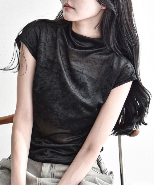 Y/lim(イリム)の「シアーベロアモックネックフレンチTシャツ(Tシャツ/カットソー・レディース・ベージュ/グレー/ブラウン/ブラック・M)」の2枚目の写真