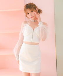 キャバドレス セットアップ ミニ タイト 長袖 シアー 肩あき フロントジップ リボン セットアップ 谷間魅せ ビジュードレス