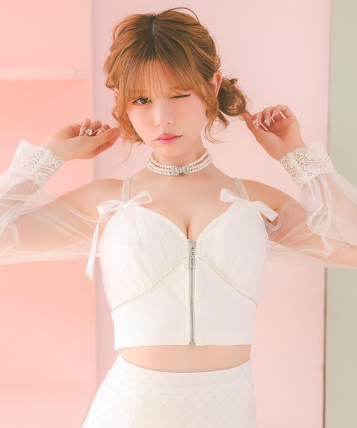 Tika(ティカ)の「キャバドレス セットアップ ミニ タイト 長袖 シアー 肩あき フロントジップ リボン セットアップ 谷間魅せ ビジュードレス(ドレス・レディース・ピンク/ホワイト・S/L/M/XL/XS)」の16枚目の写真