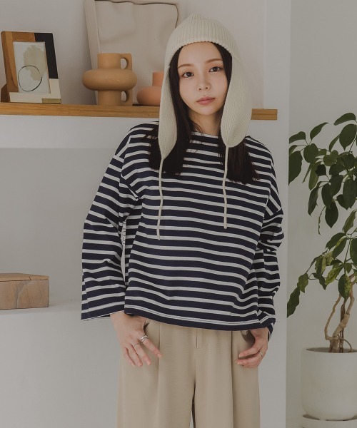 Petitjo（プッチージョ）の「小さいサイズ　バスクボーダーTシャツ　低身長さん・小柄女性（Tシャツ/カットソー・レディース・ホワイト×ブラック/ネイビー×ホワイト・M-L/XS-S）」の2枚目の写真