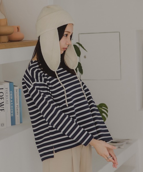 Petitjo（プッチージョ）の「小さいサイズ　バスクボーダーTシャツ　低身長さん・小柄女性（Tシャツ/カットソー・レディース・ホワイト×ブラック/ネイビー×ホワイト・M-L/XS-S）」の4枚目の写真