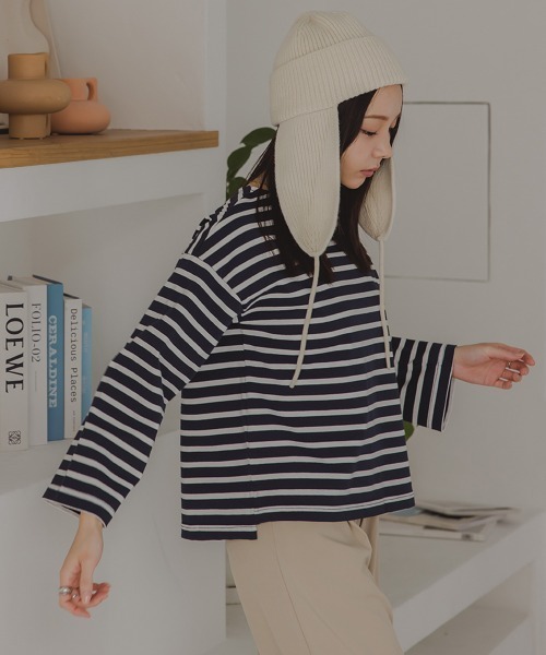 Petitjo（プッチージョ）の「小さいサイズ　バスクボーダーTシャツ　低身長さん・小柄女性（Tシャツ/カットソー・レディース・ホワイト×ブラック/ネイビー×ホワイト・M-L/XS-S）」の6枚目の写真