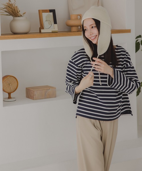 Petitjo（プッチージョ）の「小さいサイズ　バスクボーダーTシャツ　低身長さん・小柄女性（Tシャツ/カットソー・レディース・ホワイト×ブラック/ネイビー×ホワイト・M-L/XS-S）」の8枚目の写真