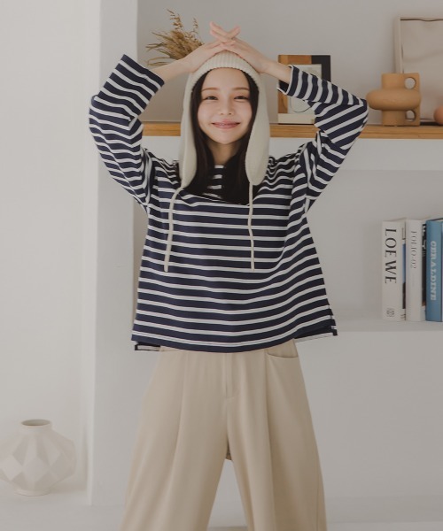 Petitjo（プッチージョ）の「小さいサイズ　バスクボーダーTシャツ　低身長さん・小柄女性（Tシャツ/カットソー・レディース・ホワイト×ブラック/ネイビー×ホワイト・M-L/XS-S）」の7枚目の写真