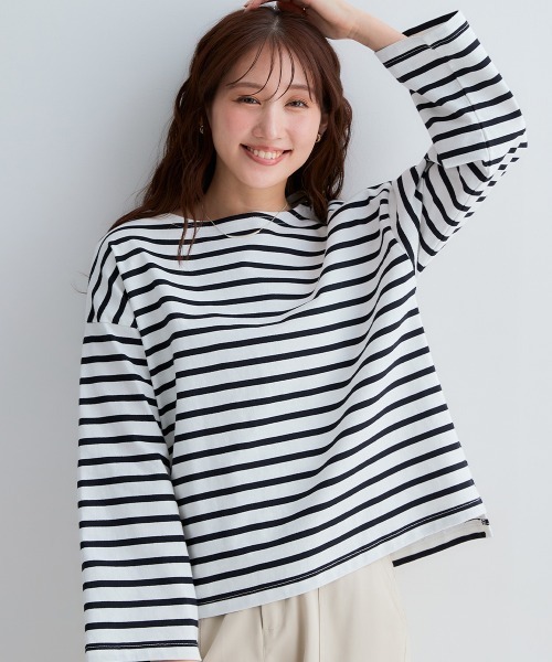 Petitjo（プッチージョ）の「小さいサイズ　バスクボーダーTシャツ　低身長さん・小柄女性（Tシャツ/カットソー・レディース・ホワイト×ブラック/ネイビー×ホワイト・M-L/XS-S）」の11枚目の写真