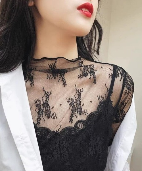 SEU(エスイーユー)の「レース チュール トップス レディース シースルーレース 長袖 ハイネック シアートップス 総レース レイヤード 重ね着 韓国ファッション SEU(シャツ/ブラウス・レディース・ベージュ/ホワイト/グレー/ライトブラウン/ブラック・フリー)」の2枚目の写真