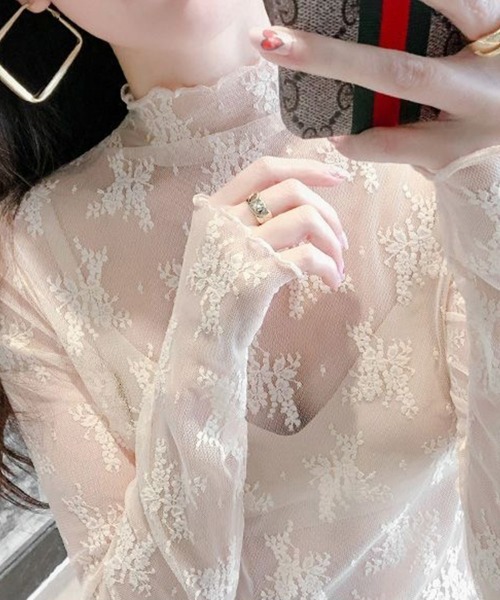 SEU(エスイーユー)の「レース チュール トップス レディース シースルーレース 長袖 ハイネック シアートップス 総レース レイヤード 重ね着 韓国ファッション SEU(シャツ/ブラウス・レディース・ベージュ/ホワイト/グレー/ライトブラウン/ブラック・フリー)」の10枚目の写真
