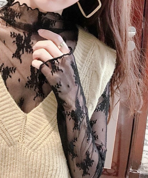 SEU(エスイーユー)の「レース チュール トップス レディース シースルーレース 長袖 ハイネック シアートップス 総レース レイヤード 重ね着 韓国ファッション SEU(シャツ/ブラウス・レディース・ベージュ/ホワイト/グレー/ライトブラウン/ブラック・フリー)」の16枚目の写真