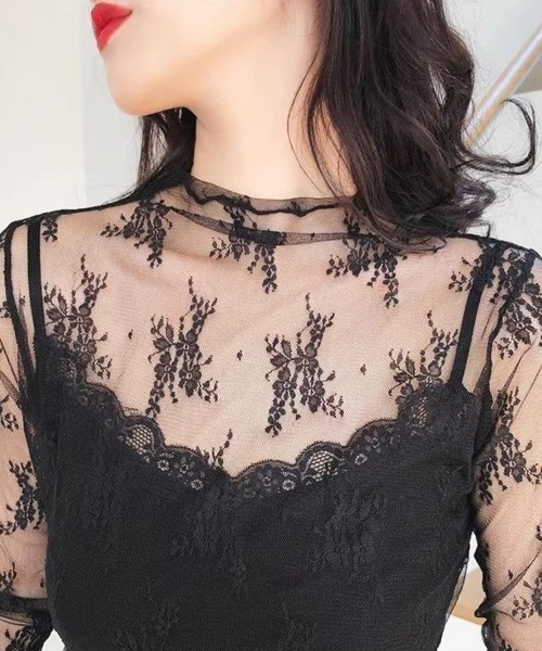 SEU(エスイーユー)の「レース チュール トップス レディース シースルーレース 長袖 ハイネック シアートップス 総レース レイヤード 重ね着 韓国ファッション SEU(シャツ/ブラウス・レディース・ベージュ/ホワイト/グレー/ライトブラウン/ブラック・フリー)」の18枚目の写真