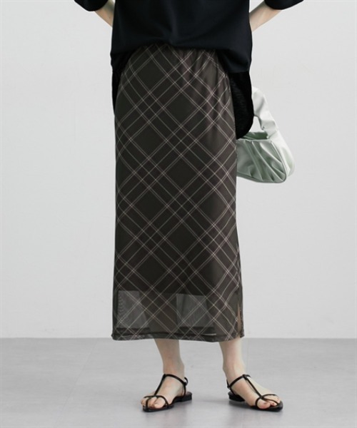 nissen（ニッセン）の「シアーチェック柄ナロースカート（スカート・レディース・カーキ/ブルー/ブラウン・M/L/LL）」の2枚目の写真