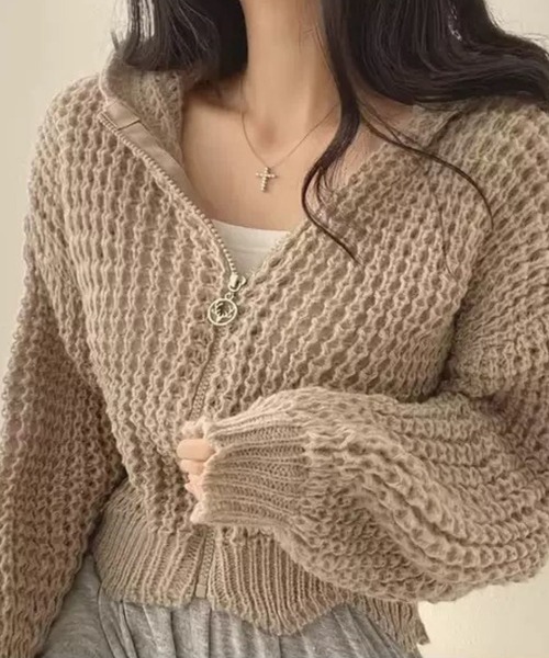 SPIGA(スピーガ)の「ジップアップクロシェ編みニットフーディ(パーカー・レディース・ホワイト/ベージュ/ピンク/ブルー・FREE)」の2枚目の写真