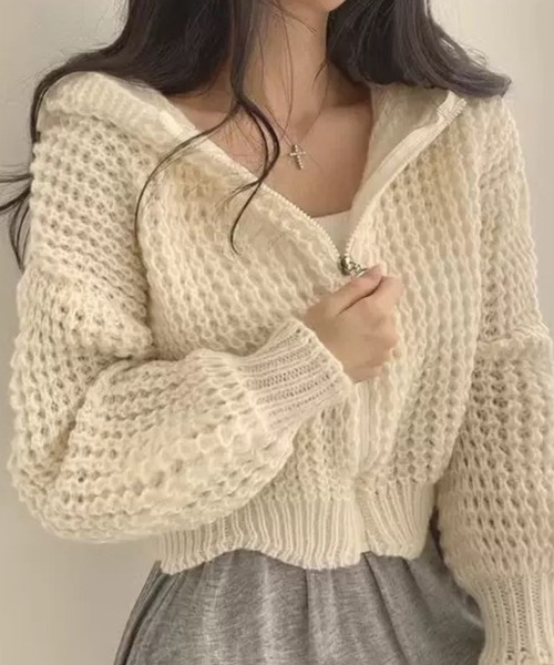 SPIGA(スピーガ)の「ジップアップクロシェ編みニットフーディ(パーカー・レディース・ホワイト/ベージュ/ピンク/ブルー・FREE)」の1枚目の写真