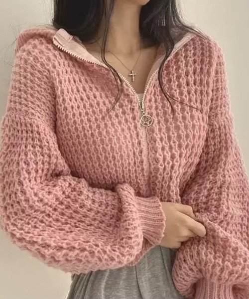 SPIGA(スピーガ)の「ジップアップクロシェ編みニットフーディ(パーカー・レディース・ホワイト/ベージュ/ピンク/ブルー・FREE)」の4枚目の写真