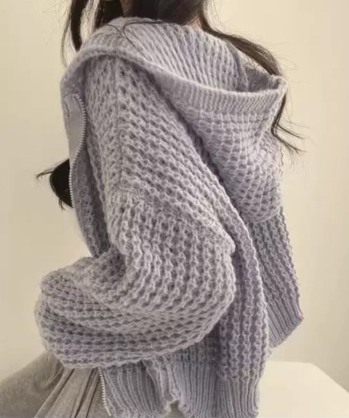 SPIGA(スピーガ)の「ジップアップクロシェ編みニットフーディ(パーカー・レディース・ホワイト/ベージュ/ピンク/ブルー・FREE)」の6枚目の写真