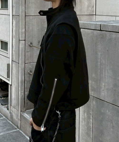 Chikashitsu +(チカシツプラス)の「【Chikashitsu +】suede biker jacket / 【チカシツプラス】スエードバイカージャケット <着用動画あり>(ブルゾン・メンズ・ブラック/ブラウン・M/L)」の7枚目の写真