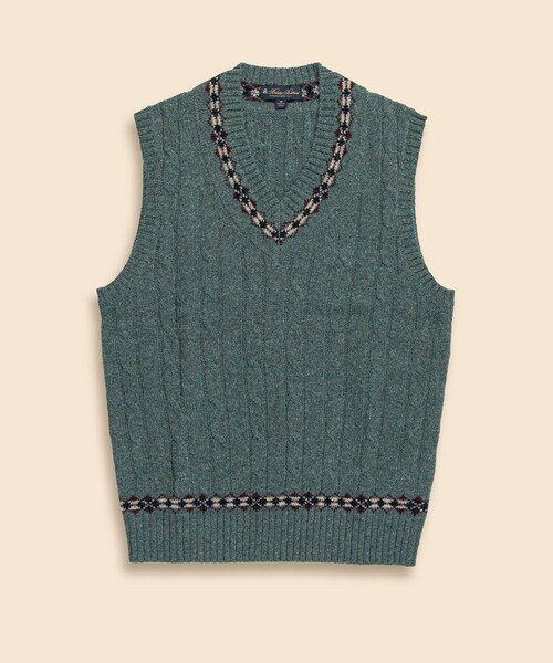 BROOKS BROTHERS(ブルックスブラザーズ)の「ウール ケーブル フェアアイルトリム Vネックテニスベスト(ベスト・メンズ・ダークグリーン・X-LARGE/X-SMALL/LARGE/MEDIUM/SMALL)」の1枚目の写真