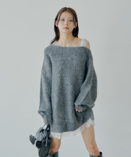 Chico（チコ）の「ワンショルレースニットミニワンピース（ワンピース・レディース・アイボリー/チャコールグレー/ピンク・FREE）」の9枚目の写真