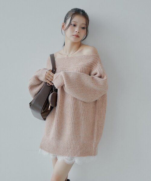 Chico（チコ）の「ワンショルレースニットミニワンピース（ワンピース・レディース・アイボリー/チャコールグレー/ピンク・FREE）」の7枚目の写真