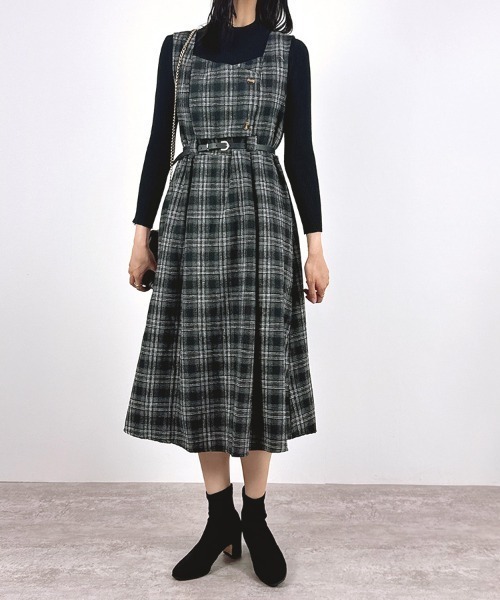 CLOTHY(クロシィ)の「【インナーと細ベルトがセットになった3点セット♪】インナー付グレンチェックワンピース(ワンピース・レディース・チャコールグレー/オフホワイト・FREE)」の4枚目の写真