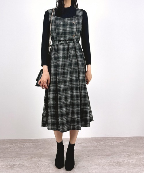 CLOTHY(クロシィ)の「【インナーと細ベルトがセットになった3点セット♪】インナー付グレンチェックワンピース(ワンピース・レディース・チャコールグレー/オフホワイト・FREE)」の5枚目の写真
