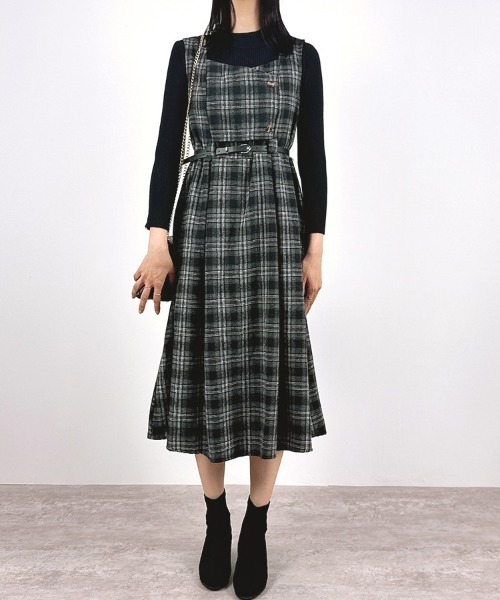 CLOTHY(クロシィ)の「【インナーと細ベルトがセットになった3点セット♪】インナー付グレンチェックワンピース(ワンピース・レディース・チャコールグレー/オフホワイト・FREE)」の6枚目の写真