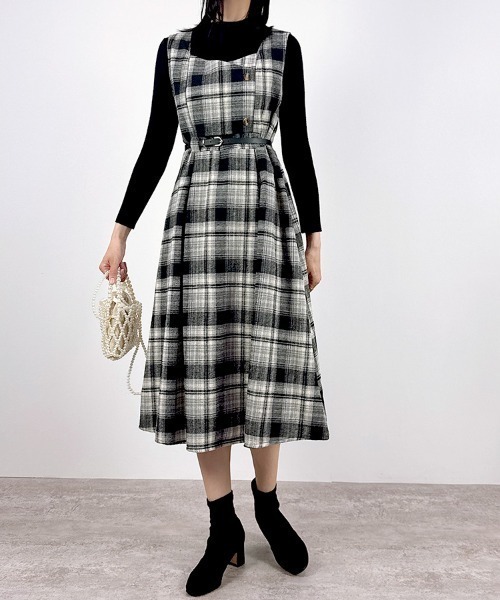 CLOTHY(クロシィ)の「【インナーと細ベルトがセットになった3点セット♪】インナー付グレンチェックワンピース(ワンピース・レディース・チャコールグレー/オフホワイト・FREE)」の8枚目の写真