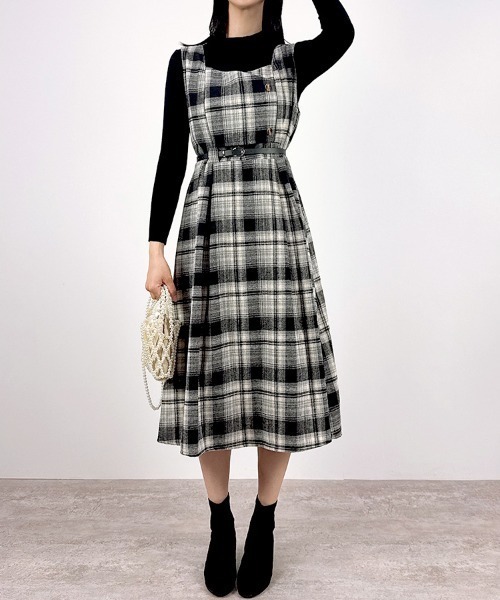 CLOTHY(クロシィ)の「【インナーと細ベルトがセットになった3点セット♪】インナー付グレンチェックワンピース(ワンピース・レディース・チャコールグレー/オフホワイト・FREE)」の9枚目の写真