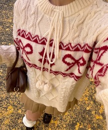 【ポンポン付き】カウチン風ニットプルオーバー