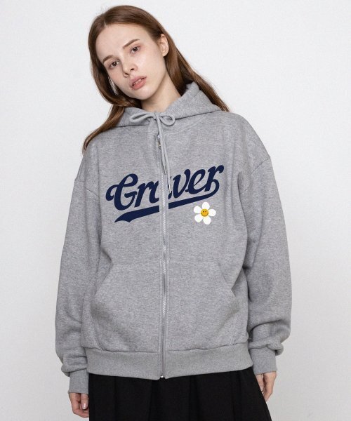 GRAVER（グレーバー）の「[ユニセックス]ビッグベースボールロゴフラワーフードジップアップ_グレー（パーカー・レディース・グレー・LARGE/MEDIUM）」の3枚目の写真