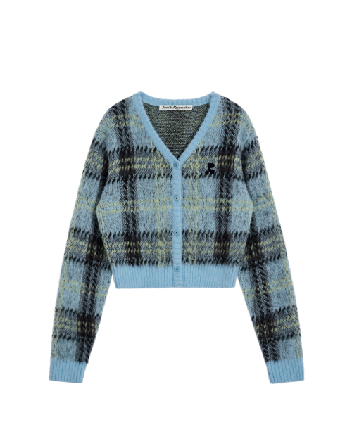 CHECK PATTERN HAIRY KNIT CARDIGAN - SKY BLUE
